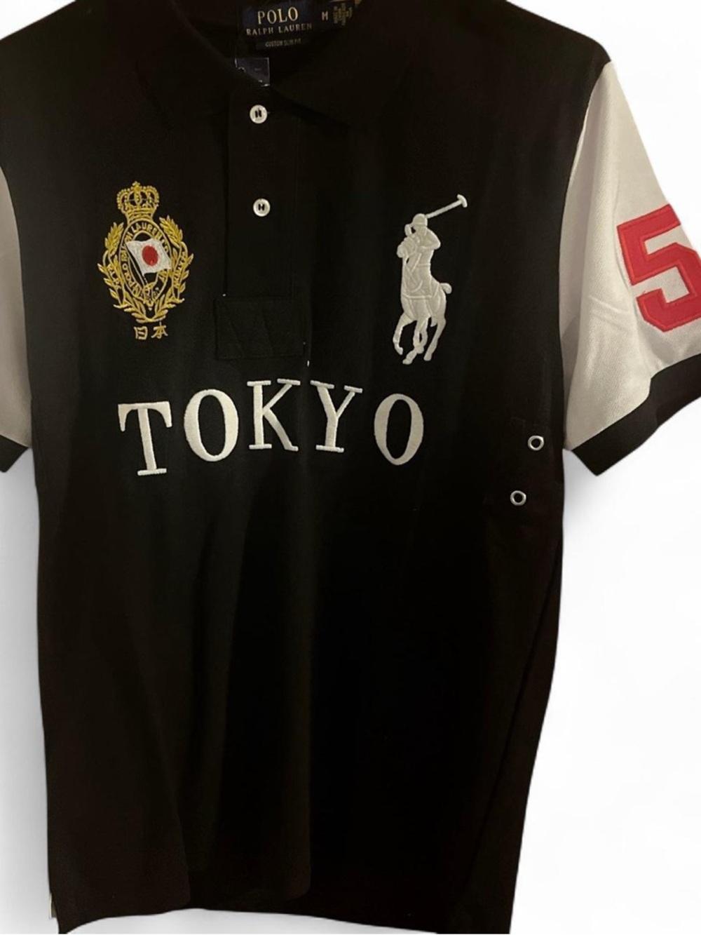 Polo by Ralph Lauren Black Tokyo Crest Contrast-Sleeve Polo